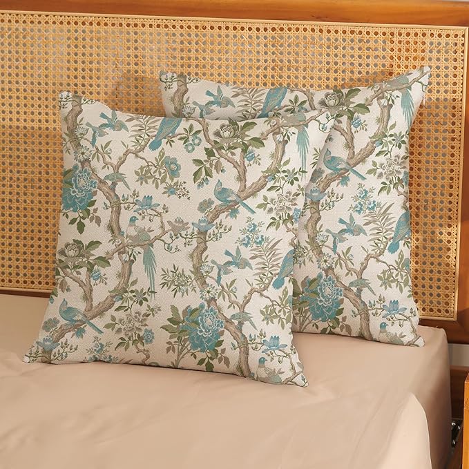 Teal Green Floral Bird Pillow Covers 18x18 Inch Set of 2 Chinoiserie Throw Pillows Vintage Flowers Bird Decorative Pillow Cases Outdoor Chinoiserie Decor Farmhouse Cushion Case for Couch Sofa