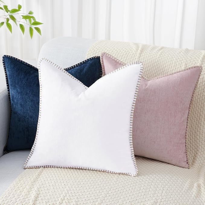 decorUhome Summer Chenille Soft Cozy Throw Pillow Covers 12x20 Set of 2, Modern Farmhouse Boho Velvet Decorative Pillow Cases with Stitched Edge for Couch Sofa Bed Home Decor, White