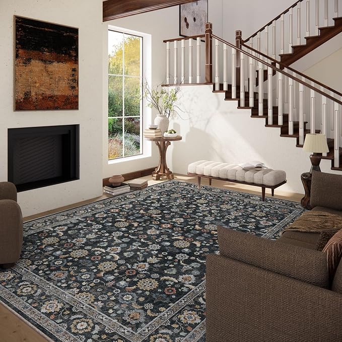 Washable Area Rugs for Living Room: 9x12 Bedroom Rug Vintage Boho Area Rug Stain Resistant Non Slip Low Pile Lightweight Soft Carpets for Living Room Dining Room Kitchen Nursery Kids Room Farmhouse