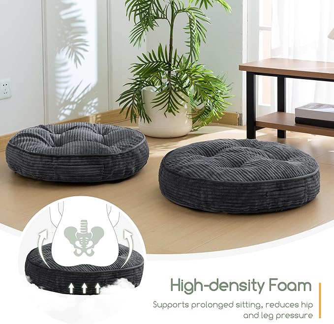 HIGOGOGO Floor Pillow Cushion for Adults, Meditation Cushion Pillow, Large Round Floor Sitting, Tufted Corduroy Cover, for Tatami Living Room or Yoga, 22x22 Inch, 2Pack, Dark Grey