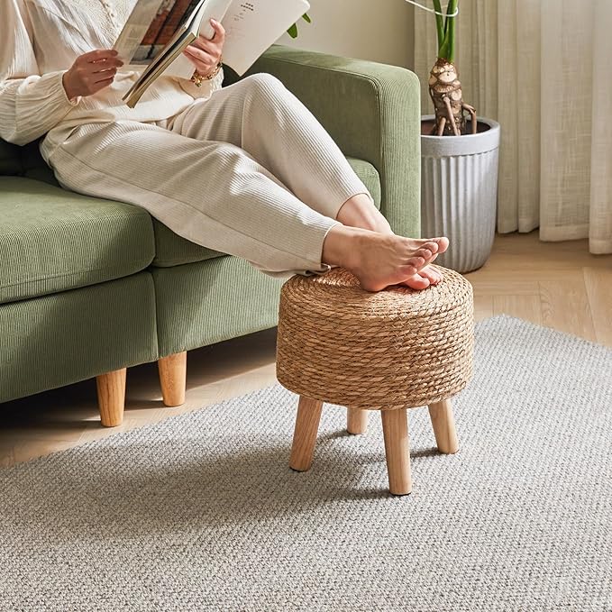 YMYNY Foot Stool Natural Seagrass Hand Weave, 12.6" Small Ottoman, Round Footrest for Living Room, Bedroom, Entryway, Change Shoes Stool, Non-Skid Wood Legs, Boho, Natural, UHBD027N