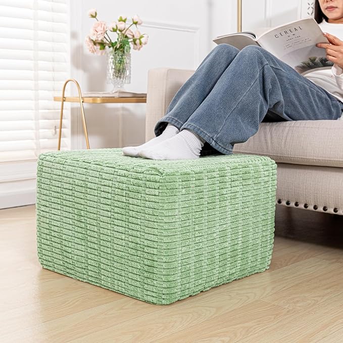 Asuprui Round Square Pouf Ottoman Foot Rest – Lightweight Modern Footstool with Plush Foam Filling, Perfect for Living Room Decor & Cozy Comfort – 20x20x14 Inch Chic Accent Piece (Sage Green)