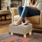 COTTON CRAFT Tweed Braided Footrest - Handknitted Dori Foot Stool with Sturdy Wood Legs – Boho Leg Rest - Small Spaces Under Desk Living Room Entryway Low Footstool Pouf -16.5x12x9.5- Ivory Natural
