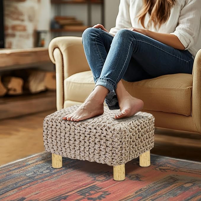 COTTON CRAFT Tweed Braided Footrest - Handknitted Dori Foot Stool with Sturdy Wood Legs – Boho Leg Rest - Small Spaces Under Desk Living Room Entryway Low Footstool Pouf -16.5x12x9.5- Ivory Natural