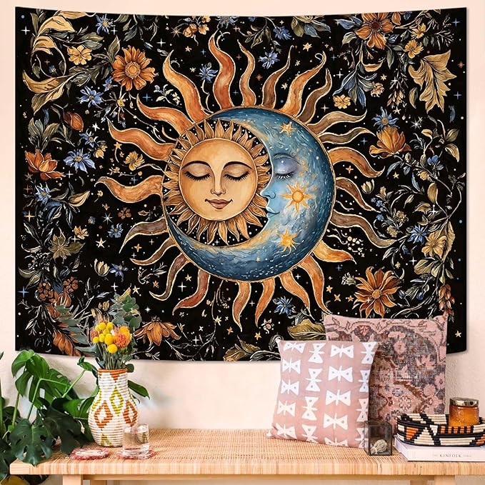 Aipon Sun and Moon Tapestry for Bedroom Boho Vintage Floral Hippie Wall Tapestry Aesthetic Retro Flower Plant Small Tapestries Wall Hanging for Living Room Dorm Decor 60 x 44 Inch