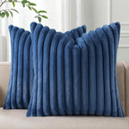 Pallene Faux Fur Plush Throw Pillow Covers 16x16 Set of 2, Luxury Soft Fluffy Striped Decorative Pillow Covers for Sofa, Couch, Living Room, Navy Blue