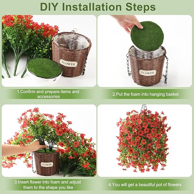 Artificial Flowers Hanging Baskets, 4 Bundles Outdoor Hanging Basket Spring Summer Decoration, No Fade Realistic Fake Flowers Plants for Porch Patio Balcony Home Yard Decor(Red)