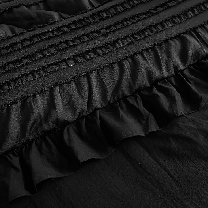 WONGS BEDDING Black Comforter Set King,3 Pieces Ruffle Farmhouse Shabby Chic Boho Comforter for King Bed,Soft Textured Bedding Set with 1 Ruffle Comforter,2 Tufted Pillowcases 104"×90"