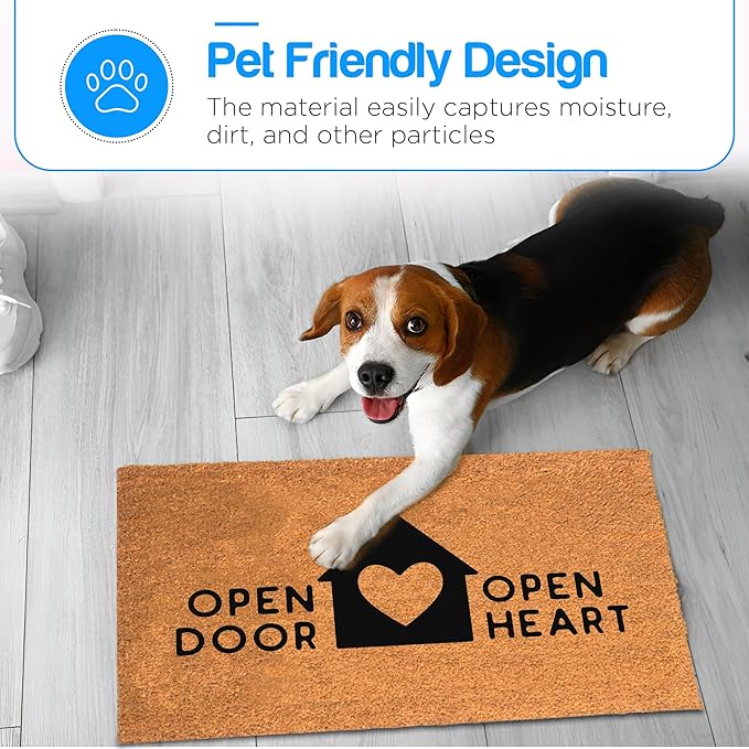 PLUS Haven Coconut Coir Home Entrance Door Mat – 17.5" x 30" | Open Door Open Heart Heavy-Duty Doormat for Indoor & Outdoor Use | Durable & Eco-Friendly