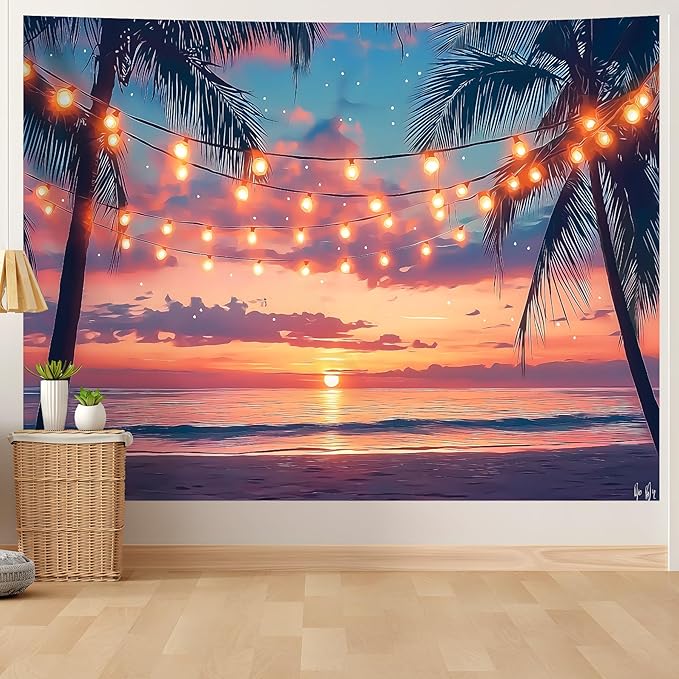 AOHMPT Ocean Sunset Tapestry, Beach Evening Sunset Tapestry, Natural Beach Palm Tree Landscape Poster, Seaside Landscape Wall Hanging for Bedroom, Dorm Room and Living Room Wall Decor 79" L x 59" W