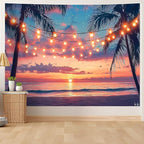 AOHMPT Ocean Sunset Tapestry, Beach Evening Sunset Tapestry, Natural Beach Palm Tree Landscape Poster, Seaside Landscape Wall Hanging for Bedroom, Dorm Room and Living Room Wall Decor 79" L x 59" W