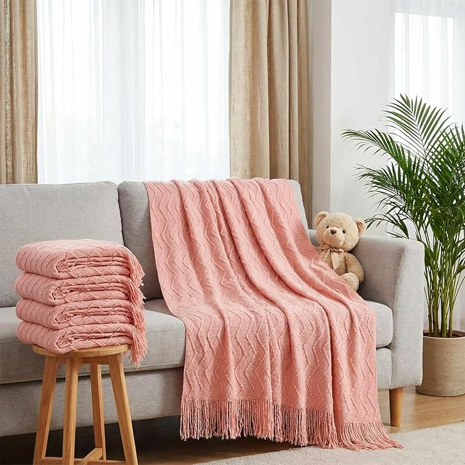 Buryeah 6 Pack Boho Knitted Throw Blankets with Tassels 50x60 Soft Warm Throws Bulk for Wedding Guests Housewarming Employee Teacher Appreciation Gifts Cozy Farmhouse Home Decor (Pink)