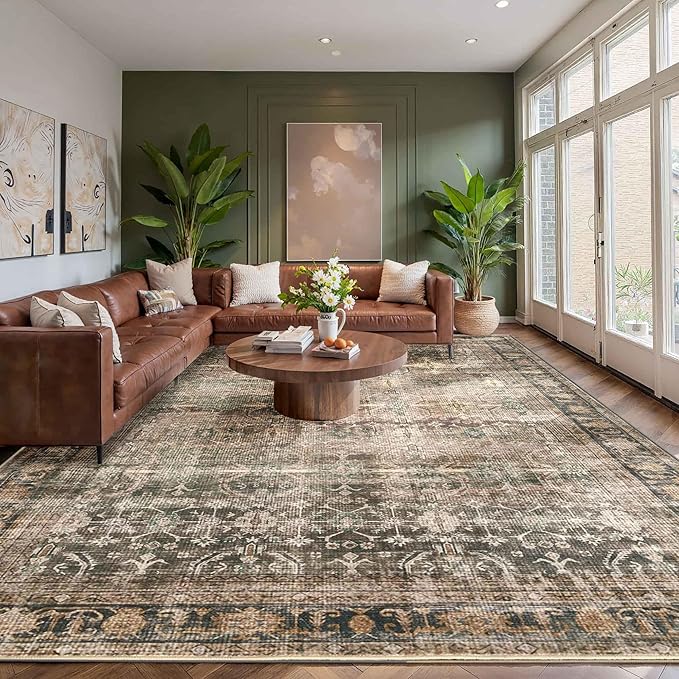 8x10 Area Rugs for Living Room Bedroom, Large Washable Rug, Brown Vintage Retro Boho Rug, Non Slip & Low Pile Faux Wool Thin Carpet for Indoor Dining Room and Kids Room(Charcoal/Olive 8x10ft)