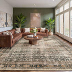 8x10 Area Rugs for Living Room Bedroom, Large Washable Rug, Brown Vintage Retro Boho Rug, Non Slip & Low Pile Faux Wool Thin Carpet for Indoor Dining Room and Kids Room(Charcoal/Olive 8x10ft)