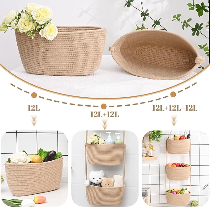 Hanging Basket, 3-Tier Wall Baskets, Over the Door Organizer with 4 Hooks, Hanging Baskets for Organizing, Woven Storage Basket Behind the Door for Nursery, Bedroom, Living Room, Kitchen