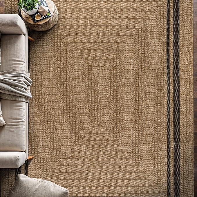 Beverly Rug Easy Jute Bordered Rug 4x6 Washable Durable Indoor Outdoor Area Rugs for Living Dining Room Patio Office Stain Resistant Non Shedding Casual Indoor Outside Carpet 4 x 6 Natural