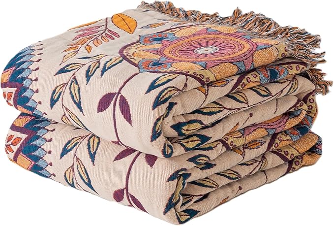 Boho Throw Blanket Full Size, Soft Cozy Cotton Muslin Quilt Blanket for Bed Decor, Floral Patterned Couch Sofa Chair Cover, Vintage Farmhouse Cottage Tapestry Woven Blanket, Beige&Blue