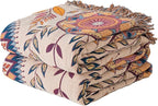 Boho Throw Blanket Queen Size, Soft Cozy Cotton Muslin Quilt Blanket for Bed Decor, Floral Patterned Couch Sofa Chair Cover, Vintage Farmhouse Cottage Tapestry Woven Blanket, Beige&Blue