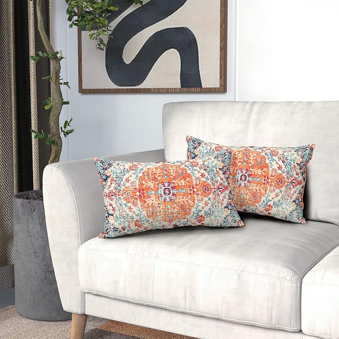 Orange Blue Ethnic Boho Lumbar Pillow Covers 12x20 Inch Bohemian Carpet Vintage Rust Coral Floral Pillow Cases for Couch Farmhouse Rectangle Rustic Rug Pillow Cases for Bed Patio Outdoor Indoor Set 2