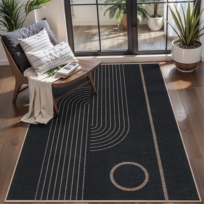 Tangsoo Geometric Line 3x5 Easy Jute Rug for Living Room,Washable Ultra Thin Area Rug Non-Slip Black Outdoor Mat,Boho Rainbow Front Door Carpet for Front Porch Entryway Bedroom Patio