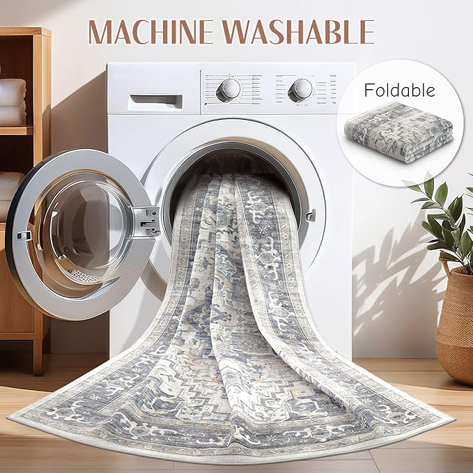 Washable Rug 9x12 Area Rugs: Boho Vintage Distressed Oriental Medallion Neutral Thin Large Rug Carpet for Living Room Bedroom Dining Room Home Office Decor - Light Blue