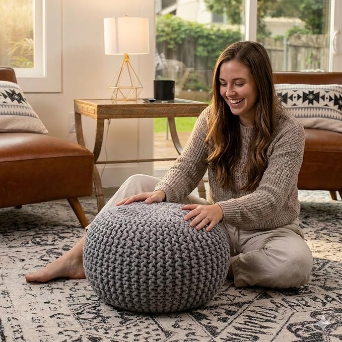BIRDROCK HOME Round Pouf Ottoman | Cotton Braided Foot Stool with Bean Bag Filling | Boho Foot Rest for Living Room & Bedroom | Compact & Comfortable Seating, Lightweight & Soft | Light Grey