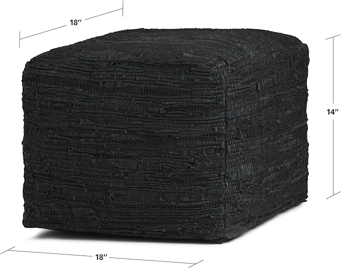 SIMPLIHOME Fredrik Square Pouf - 18 inch Wide Genuine Woven Leather Ottoman in Black, Boho-Style Footstool or Extra Seating for Living Room or Bedroom with Polystyrene Bead Filling, Assembled