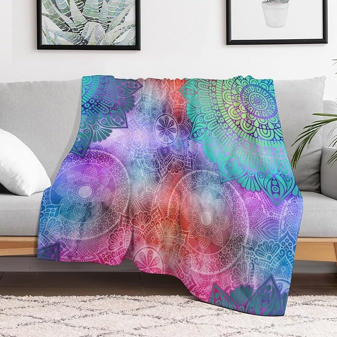 Mandala Throw Blanket Colorful Floral Flowers Bohemian Boho Blanket for Sofa Bed Couch Chair Or Dorm 50"x60"