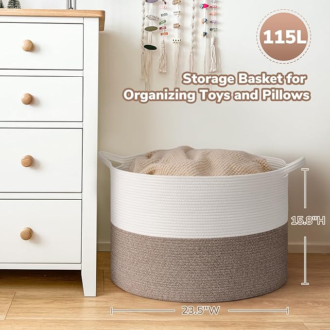 Goodpick 115L Extra Large Blanket Basket, 23.5"x23.5"x15.8" Woven Rope Basket for Storage, Kids Toy Storage for Nusery Room, Mele