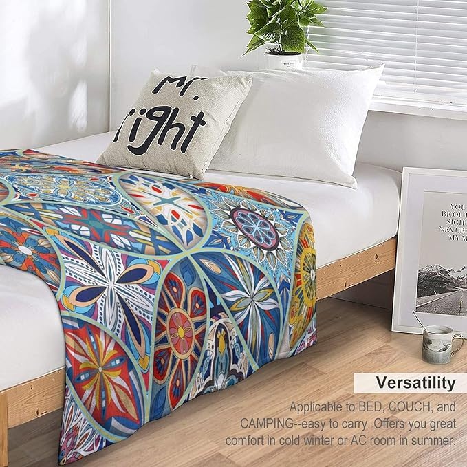 Boho Floral Throw Blanket Colorful Bohemian Mandala Blanket for Sofa Bed Couch Chair Or Dorm 70"x80"