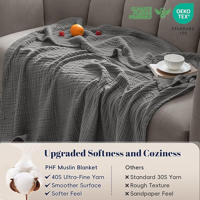 PHF 100% Cotton Muslin Blanket Twin XL Size 66"x90", 4-Layer Lightweight Gauze Throw, Breathable Cloud-Soft Minimalist Blanket for Bed, Couch, Camping & Baby, Greyish Black, Ideal Gift