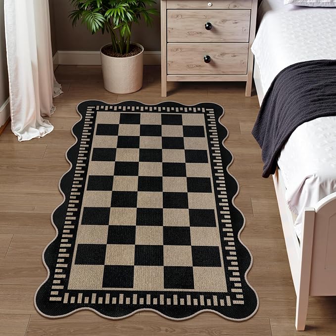 Checkered Easy Jute 3x5 Outdoor Patio Rug, Washable Rugs for Entryway Indoor Outdoor Area Rug Black Kitchen Rugs, Non-Slip Farmhouse Neutral Rug for Balcony Backyard