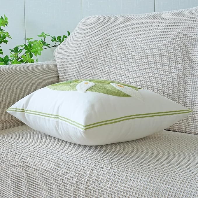 vctops Farmhouse Calla Lily Cotton Tufted Throw Pillow Cover Spring Floral Embroidery Pillowcase Soft Square Cushion Case for Sofa Couch Bed Chair (White C,18"x18")