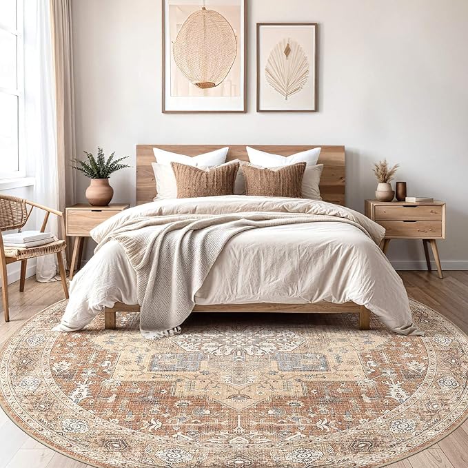 Round Washable Area Rug 8ft, Boho Vintage Distressed Oriental Medallion, Neutral Blue, Thin Carpet for Living Room Bedroom Home Office Decor