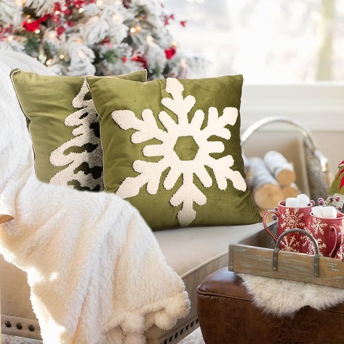 Breling Set of 2 Olive Green Velvet Embroidery Christmas Pillow Covers18x18 Winter Snowflake Pillow Covers Decorative Soft Tufted Luxury Christmas Tree Cushion Cover for Couch Sofa Bed Holiday Decor