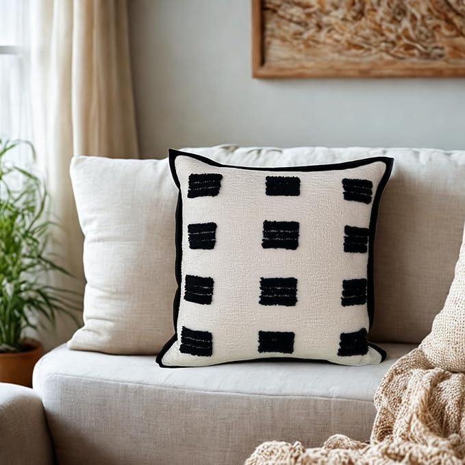 Tufted Decorative Boho Black and White Throw Pillow Cover, 18x18 inches, Soft and Luxurious Chenille Fabric, Elegant Design, Cushion Covers for Couch, Bedroom, Living Room, Home Decor