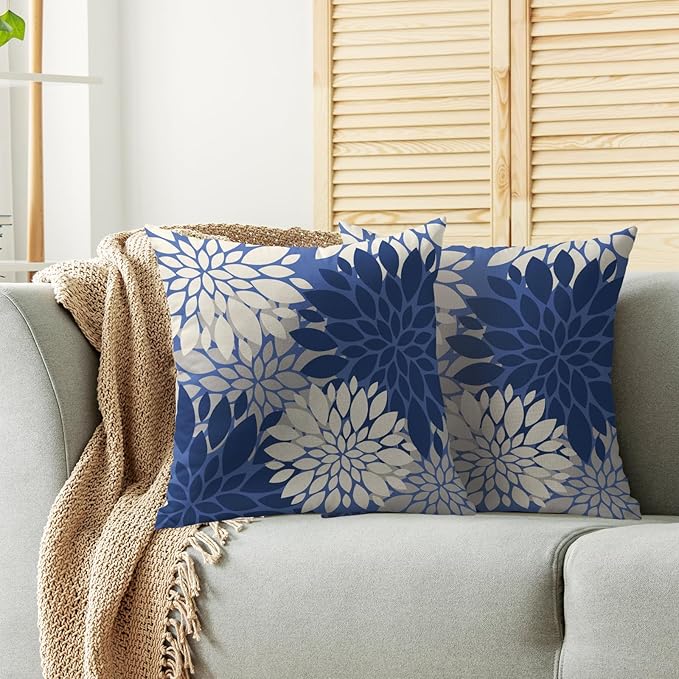 Blue Cream Grey Gray Pillow Covers 16X16 Inch Set of 2, Modern Dahlia Floral Print Decorative Throw Pillow Covers Outdoor Farmhouse Cushion Case for Home Couch Sofa Bed Decoration