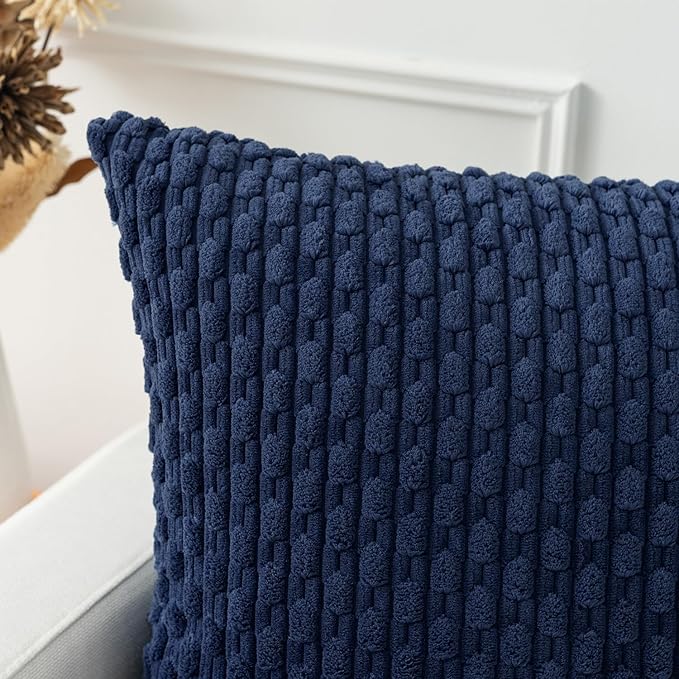 Kevin Textile 14x20 Inch Pillow Cover 1 Pack Boho Decorative Soft Striped Corduroy Lumbar Farmhouse Color Accent Rectangle Cushion Case for Living Room Couch Sofa Bed, Navy Blue
