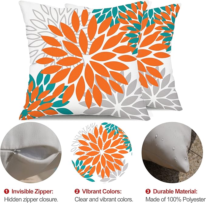 DFXSZ Orange Flower Pillow Covers 20x20 Inch Set of 2 Fall Throw Pillows Outdoor Waterproof Decor for Living Room Sofa Patio Funiture Garden Floral Polyester Pillow Covers 002N20