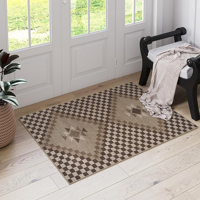 LIVEBOX Easy Jute 3x5 Washable Rug, Non Slip Farmhouse Kitchen Rugs, Brown Checkered Indoor Entrance Rugs Throw Mat with Rubber Backing, Ultra Thin Indoor Outdoor Porch Rug Patio Courtyard