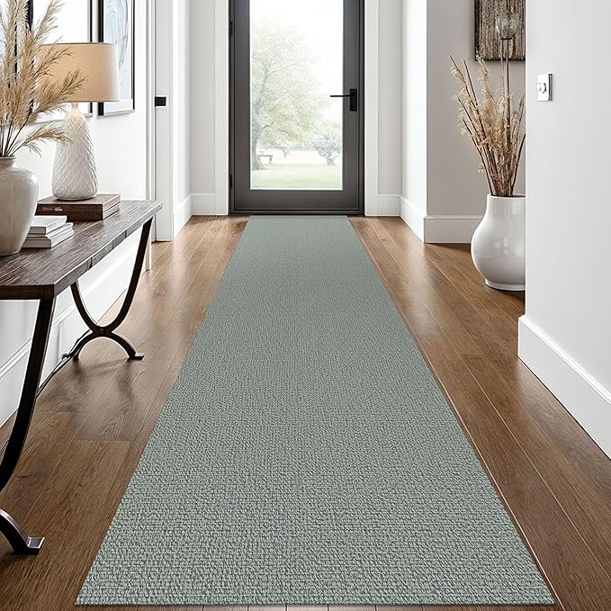 EARTHALL Washable Runner Rug 2x12 Ft Non Slip Runners for Hallways Long Cotton Rubber Backed Kitchen Runner Braided Indoor Floor Carpet Runners for Entryway, Hall, Kitchen, Green/Grey