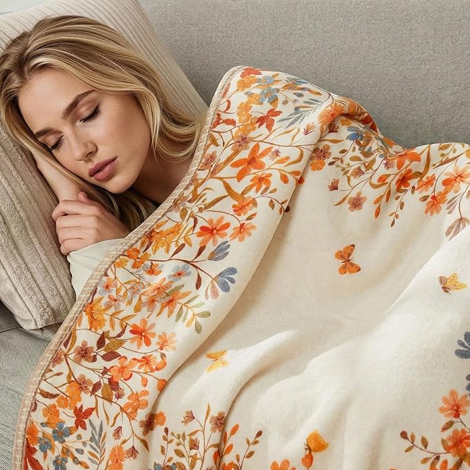 Lahome Floral Fleece Blanket for Women Girls Dorm Boho Decor, Small Throw Blanket for Couch Bed Chair Cover, Decorative Fleece Blanket Throws Mom Gift Spring Home Decor,Orange Wild Flower 50x60