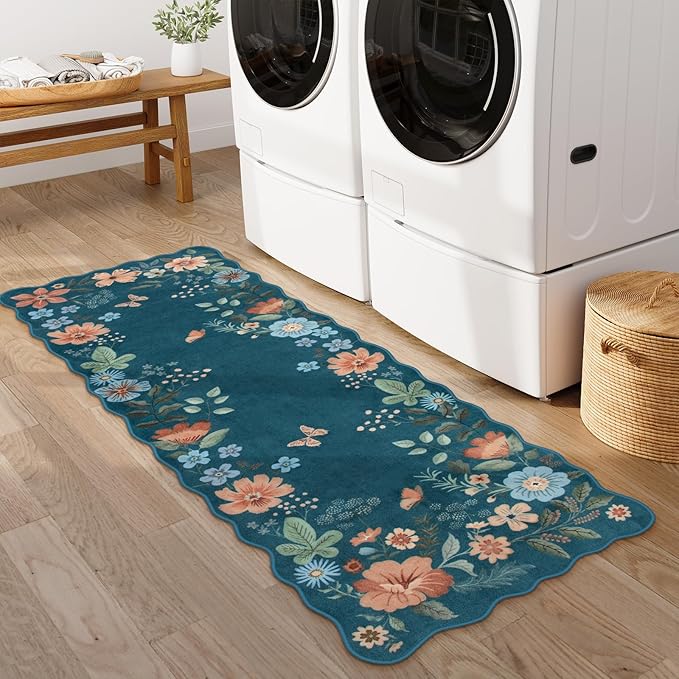 Lahome Floral Washable Runners for Hallways, 2x5 Kitchen Runner Rug Ultra-Thin, Non-Slip Stain Resistant Boho Low-Pile Carpet Runner for Bathroom Bedroom Flore (2x5ft,Navy Blue)