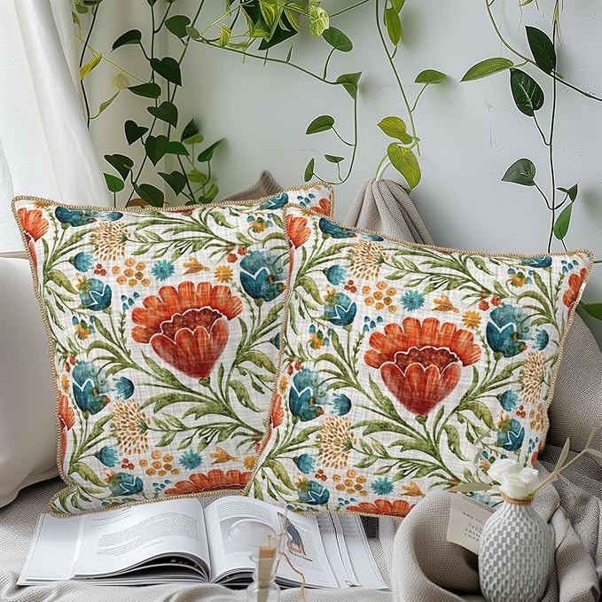 Red Blue Bright Floral Soft Velvet Throw Pillow Covers Set of 2 Colorful Flowers Green Leaf Plant Decorative Pillow Covers 20x20 Inch Boho Rustic Pillow Case For Sofa Couch Living Room Home Decor