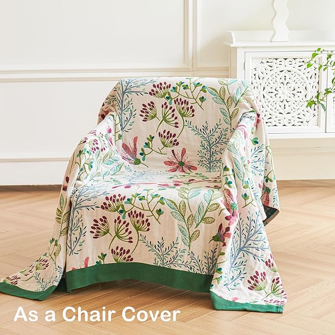 Boho Throw Blanket, 100% Organic Cotton Breathable Ultra Soft 50" x 60" Bed Quilt Throw - All Season Floral Rustic Farmhouse Decor Luxury Reversible Blanket for Sofa Couch Chair and Gift