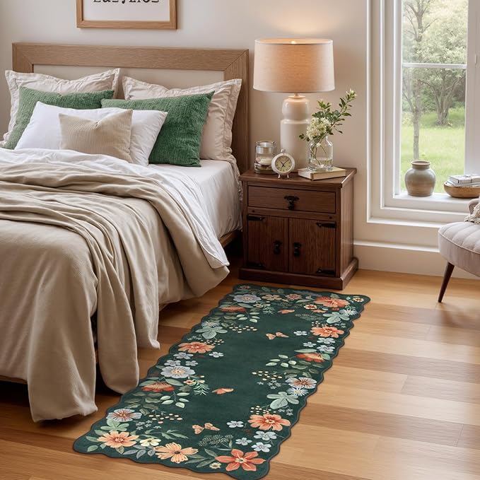 Lahome Floral Small Rug, 2x4 Kitchen Rugs Non Slip Washable Rug Ultra-Thin, Soft Front Door Mat Indoor Entrance Boho Low-Pile Entry Carpet for Bathroom Bedroom Flore (2x4ft,Dark Green)
