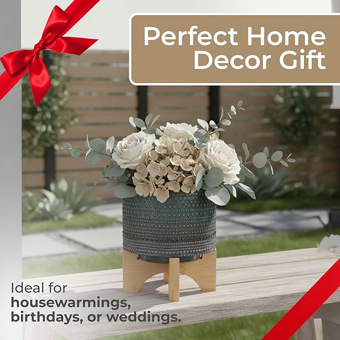 Dotted Decorative Planter Pot with Wood Stand – Ceramic Stoneware Outdoor & Indoor Plant Pot with Drainage Holes – Modern Garden & Home Decor Ceramic Planters & Bamboo Wood – 8", Sage Green