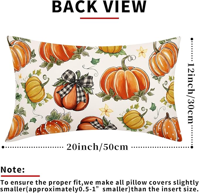 Kawani Fall Lumbar Pillow Covers 12X20 Inch Buffalo Plaid Polka Dot Pumpkins Leaves Decorative Pillow Cases Set of 2 Autumn Harvest Thanksgiving Farmhouse Throw Pillows for Cushion Sofa Couch Outdoor