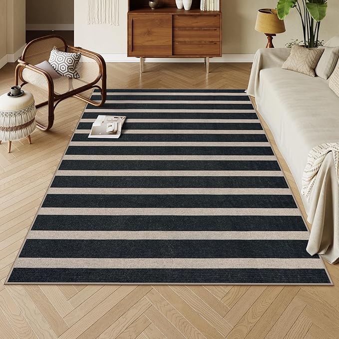 Lahome Elance Striped Easy Jute 5x7 Outdoor Rug, Washable Rugs for Patio Living Room, Farmhouse Neutral Non Slip Non Shedding Black Carpet for Deck Entryway Dining Room Office Porch