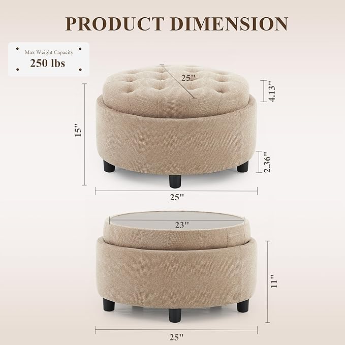 COLAMY Fabric Round Storage Ottoman with Reversible Tray Lid – Multi-Functional Footrest, Hidden Storage, Sturdy & Stylish Small Coffee Table for Living Room, Bedroom, or Entryway(Camel)